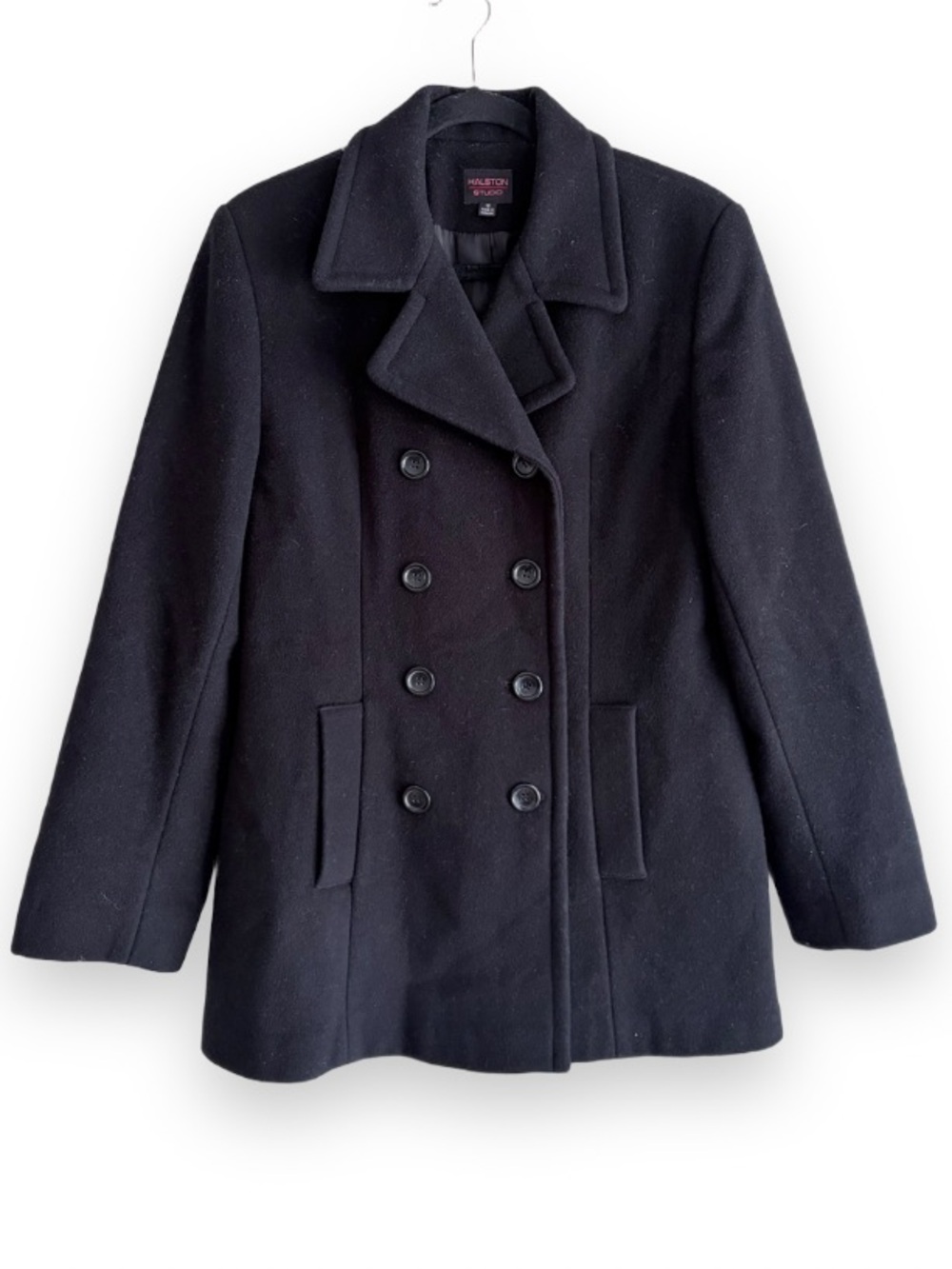 Halston Studio Women's Black Wool Cashmere Double Breasted Peacoat Size 10